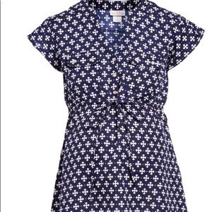 Navy and white maternity blouse